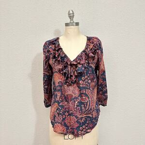 LAUREN RALPH LAUREN Blouse Red Navy Blue Paisley Ruffled Bohemian 90s